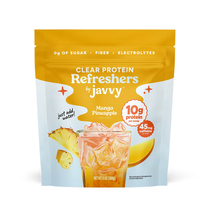 Protein Refreshers Clear Protein Drink Mix in Mango Pineapple flavor — 10g protein, collagen, electrolytes, and prebiotics per scoop, no artificial sweeteners