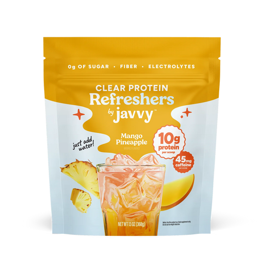 Protein Refreshers Clear Protein Drink Mix in Mango Pineapple flavor — 10g protein, collagen, electrolytes, and prebiotics per scoop, no artificial sweeteners