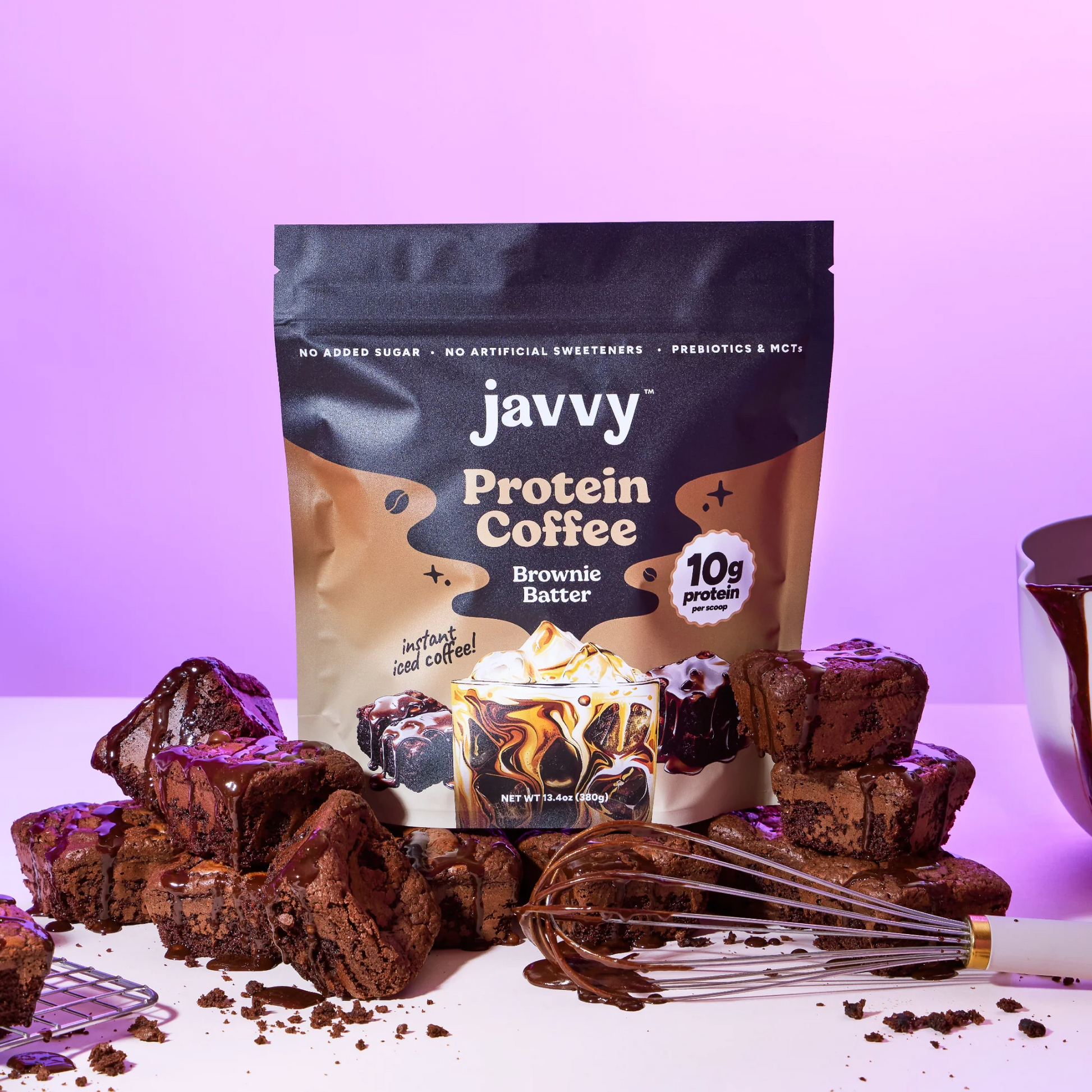 Javvy Brownie Batter flavored protein coffee with premium whey protein
