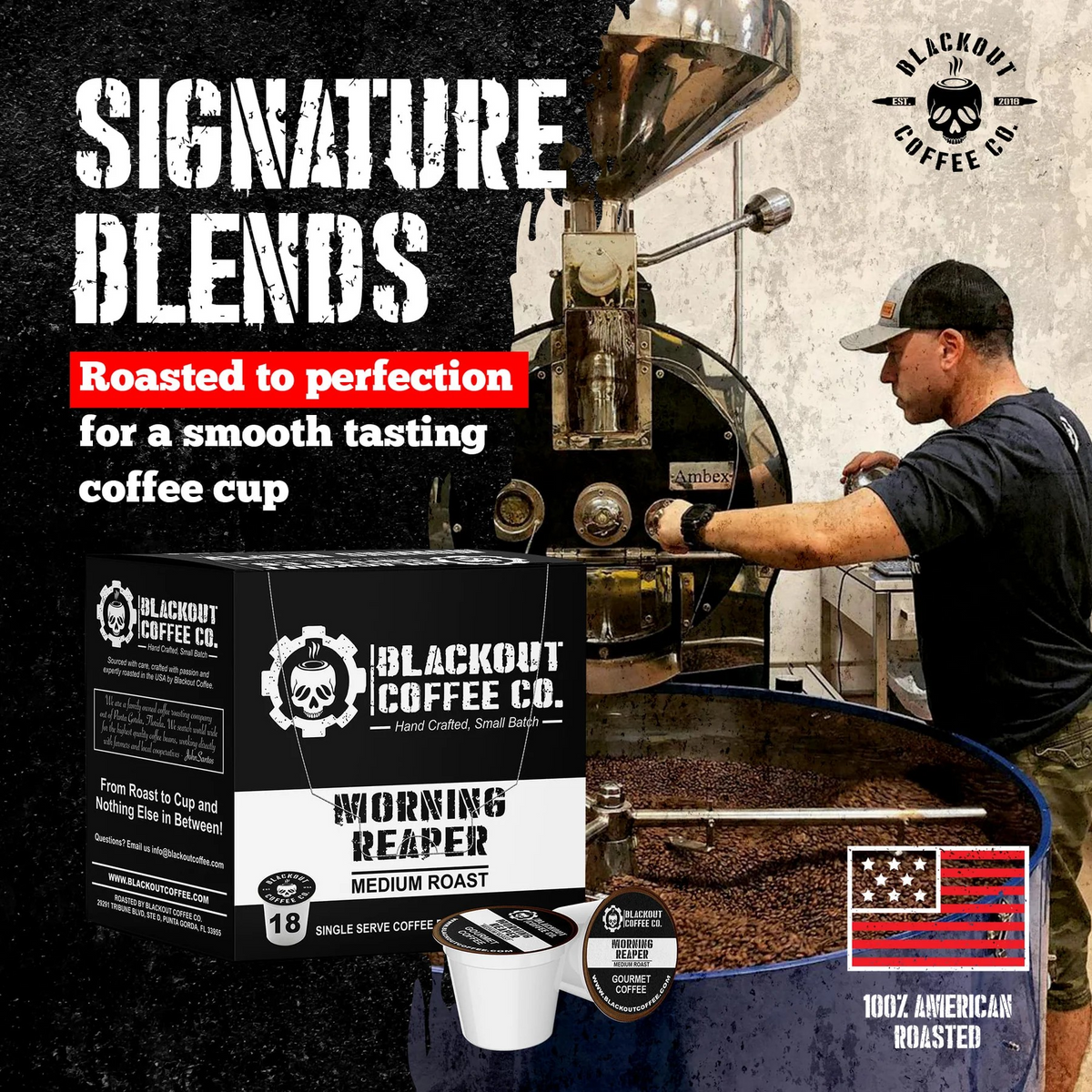 “Blackout Coffee Morning Reaper Medium Roast Coffee Pods box with smooth medium roast flavor.”