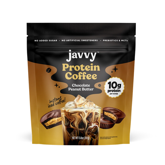 Javvy Chocolate Peanut Butter flavored protein coffee with premium whey protein