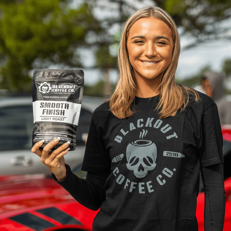 Blackout Coffee Smooth Finish Light Roast 12oz bag — 100% Arabica, bright origin flavor from Central and South America, small-batch roasted in the USA