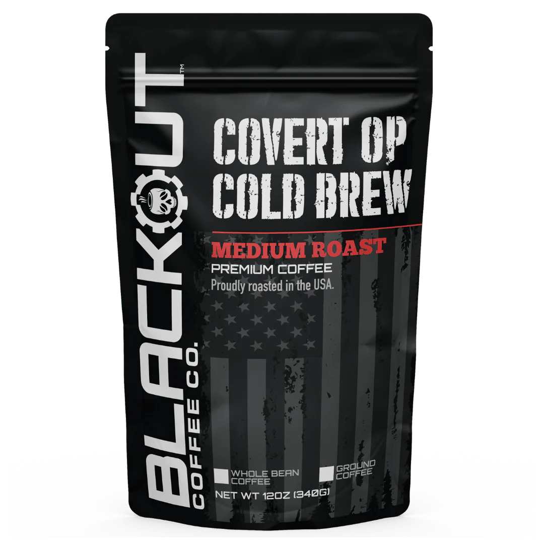 Blackout Coffee Covert OP Cold Brew 12oz bag — 100% Arabica medium roast, silky smooth, low acid, high caffeine, roasted in the USA