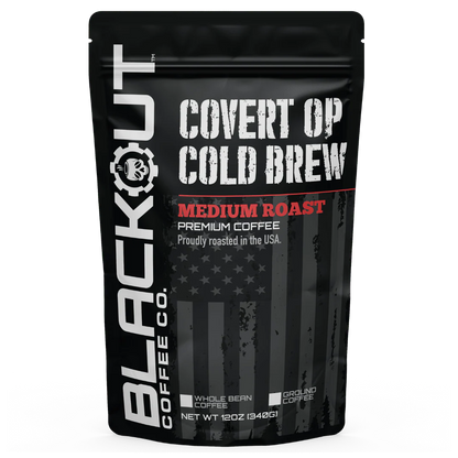 Blackout Coffee Covert OP Cold Brew 12oz bag — 100% Arabica medium roast, silky smooth, low acid, high caffeine, roasted in the USA