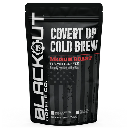 Blackout Coffee Covert OP Cold Brew 12oz bag — 100% Arabica medium roast, silky smooth, low acid, high caffeine, roasted in the USA