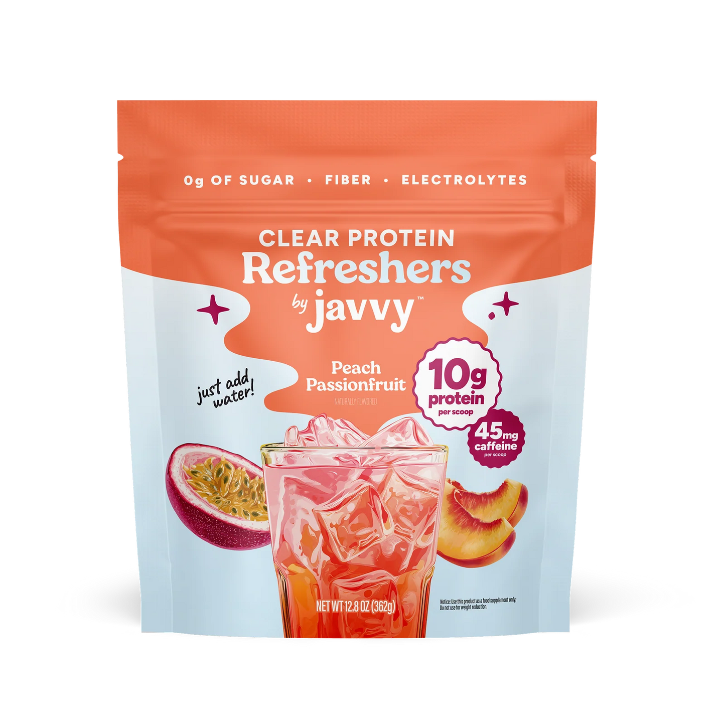 Javvy Protein Refreshers Clear Protein Drink Mix in Peach Passionfruit flavor — 10g protein, collagen, electrolytes, and prebiotics per scoop, no artificial sweeteners