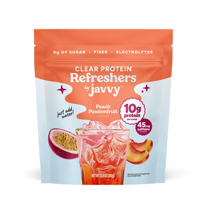 Javvy Protein Refreshers Clear Protein Drink Mix in Peach Passionfruit flavor — 10g protein, collagen, electrolytes, and prebiotics per scoop, no artificial sweeteners