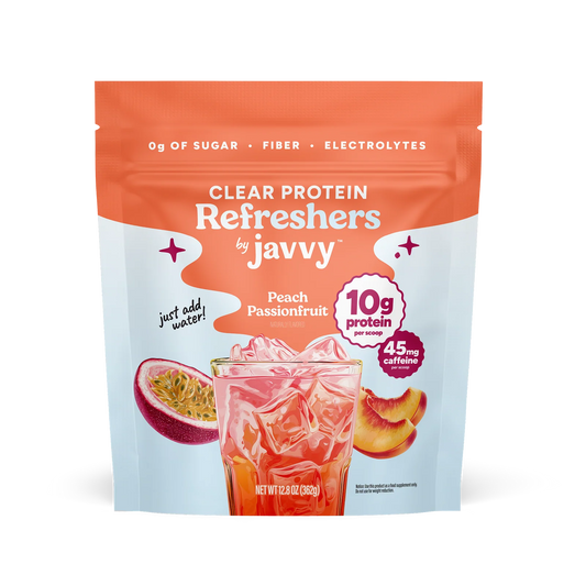 Javvy Protein Refreshers Clear Protein Drink Mix in Peach Passionfruit flavor — 10g protein, collagen, electrolytes, and prebiotics per scoop, no artificial sweeteners