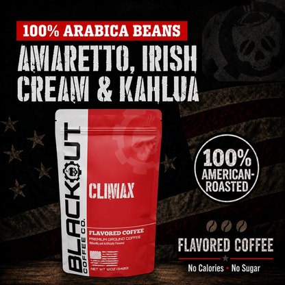 Blackout Coffee Climax flavored coffee bag with amaretto, Irish cream, and coffee liqueur notes
