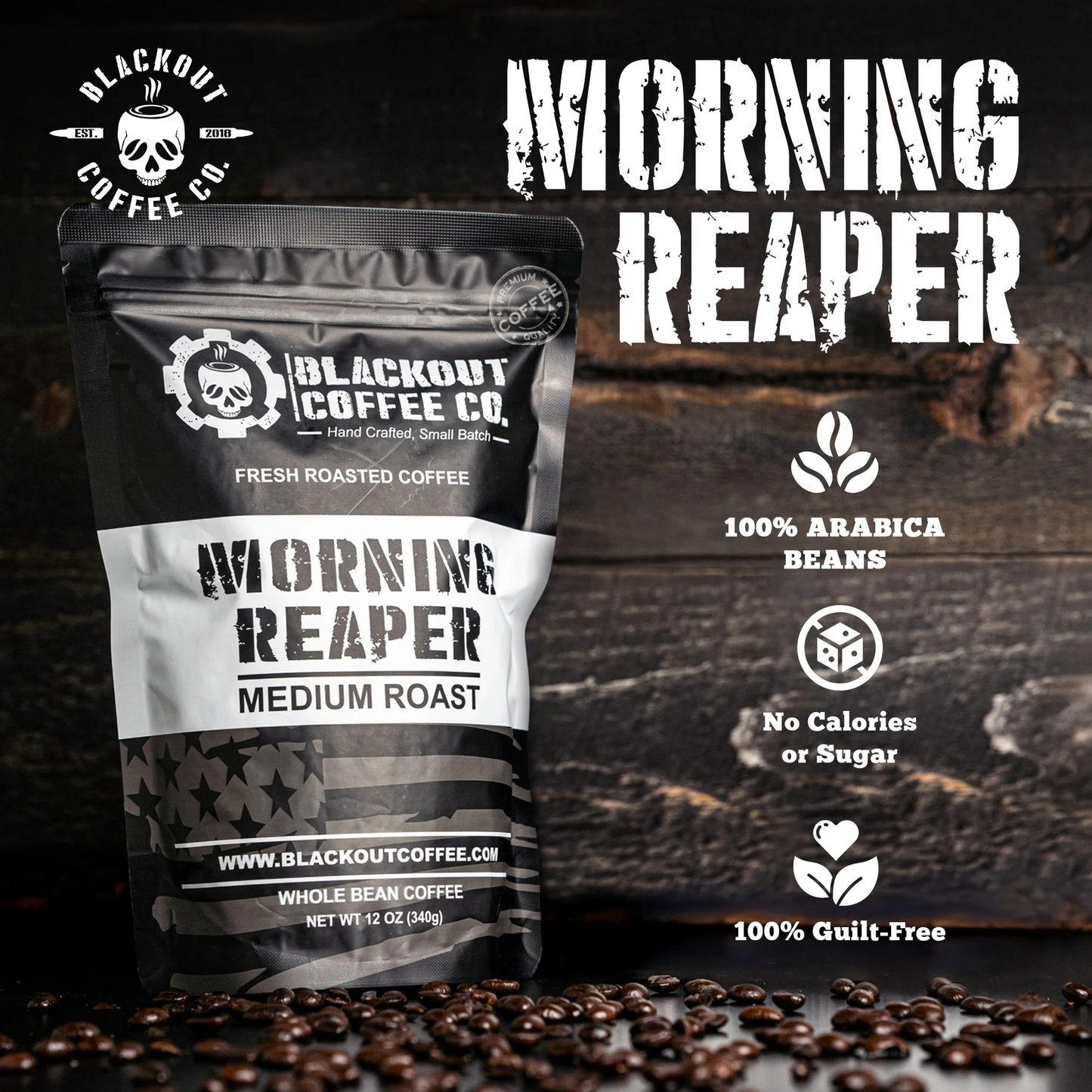 Blackout Coffee Morning Reaper 12oz coffee bag on a rugged dark surface with bold patriotic branding