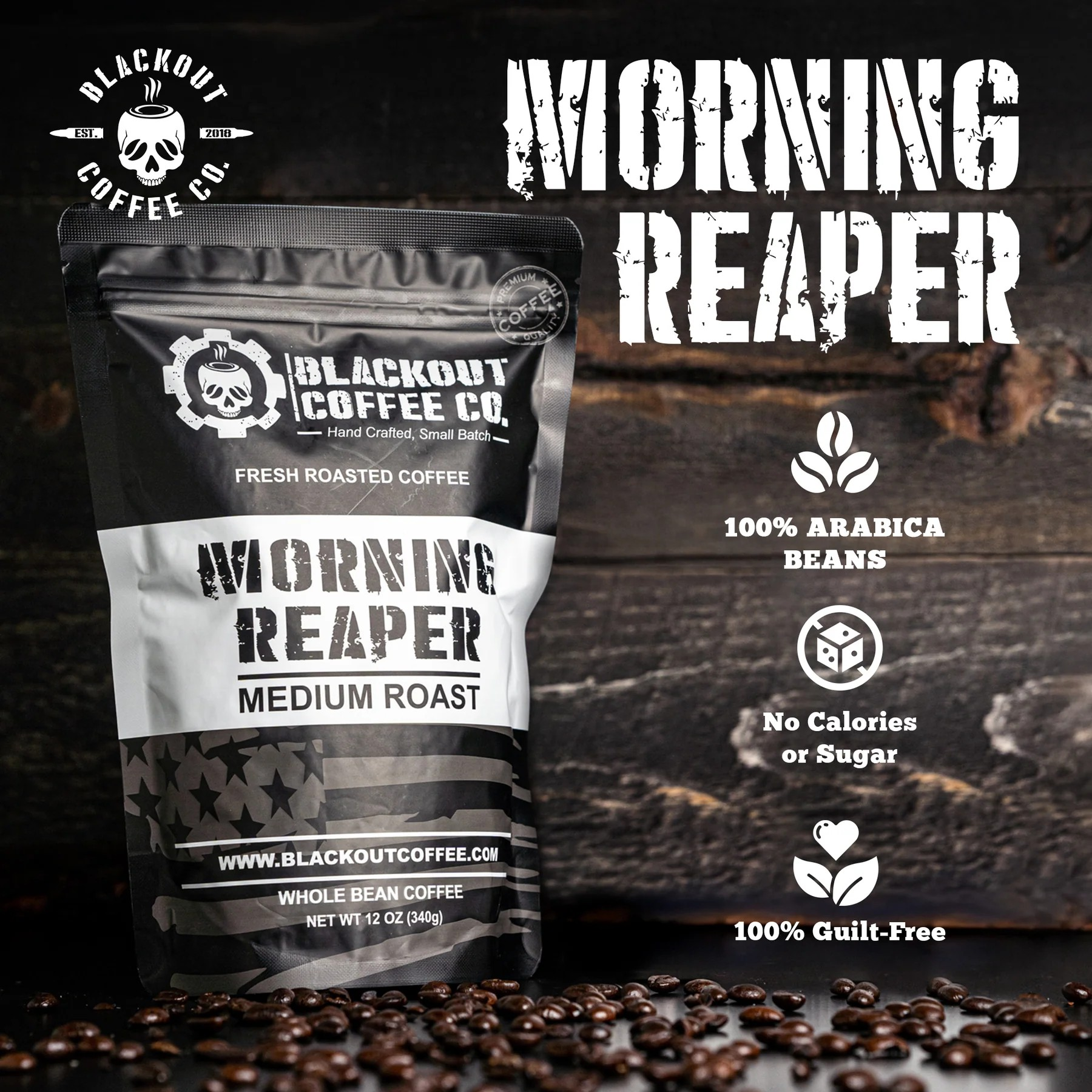 Blackout Coffee Morning Reaper 12oz coffee bag on a rugged dark surface with bold patriotic branding