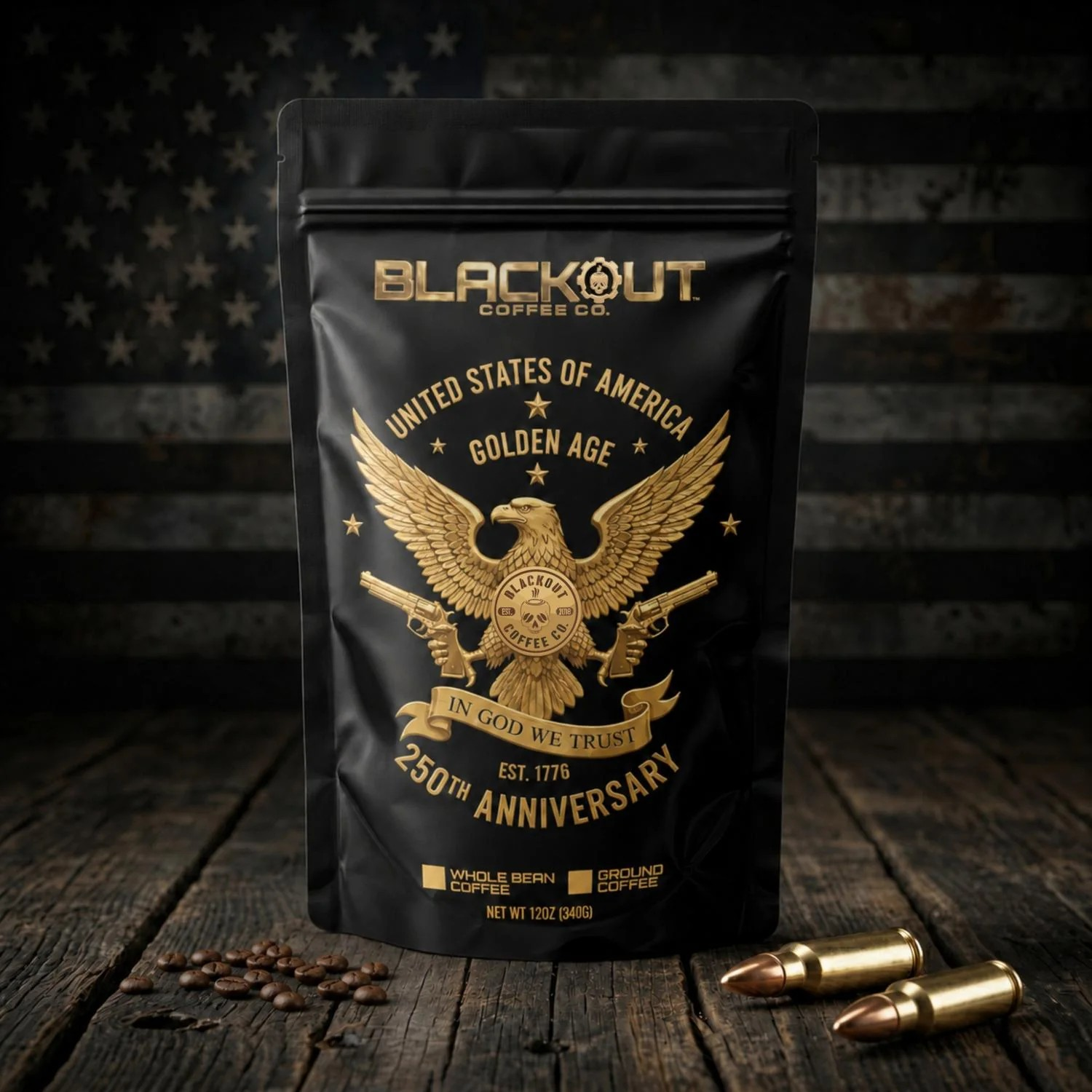 Golden Age 250 limited anniversary whole bean coffee bag Colombia Santa Maria and Brazil medium dark roast America 250th anniversary