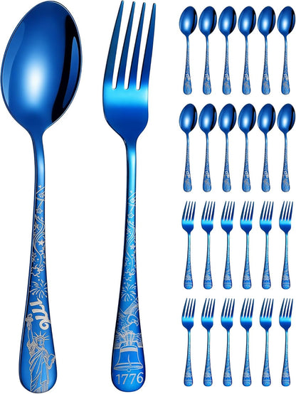 24-piece patriotic blue stainless steel flatware set with laser engraved Bald Eagle and Statue of Liberty designs, forks and spoons for 12, 4th of July party supplies