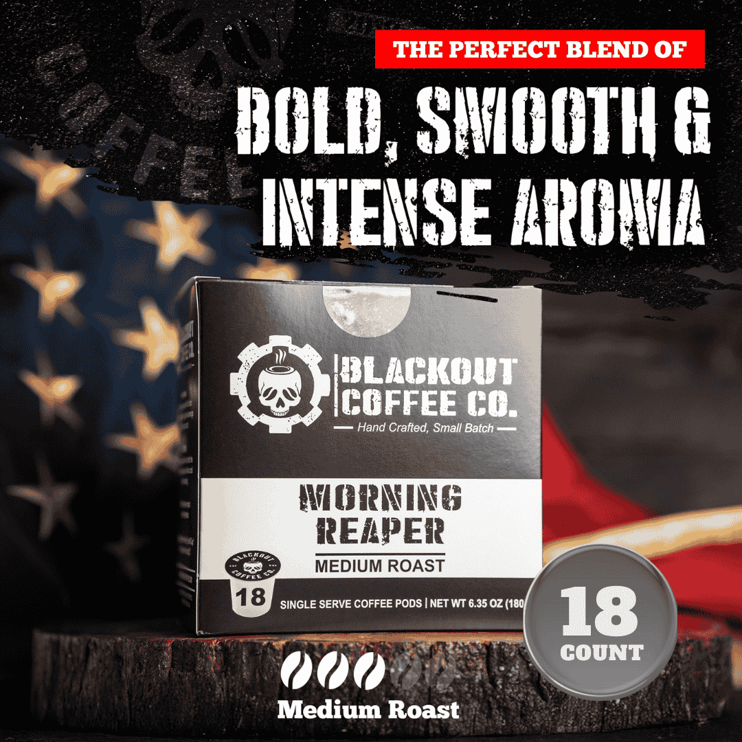 “Blackout Coffee Morning Reaper Medium Roast Coffee Pods box with smooth medium roast flavor.”