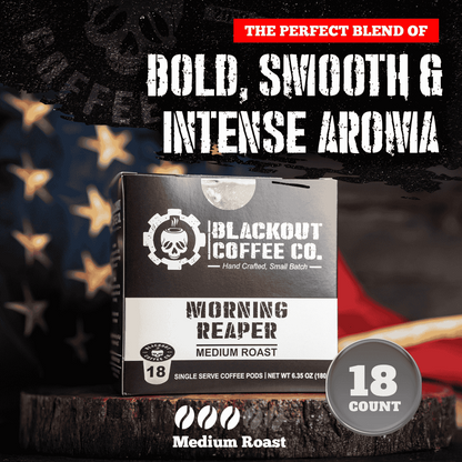 “Blackout Coffee Morning Reaper Medium Roast Coffee Pods box with smooth medium roast flavor.”