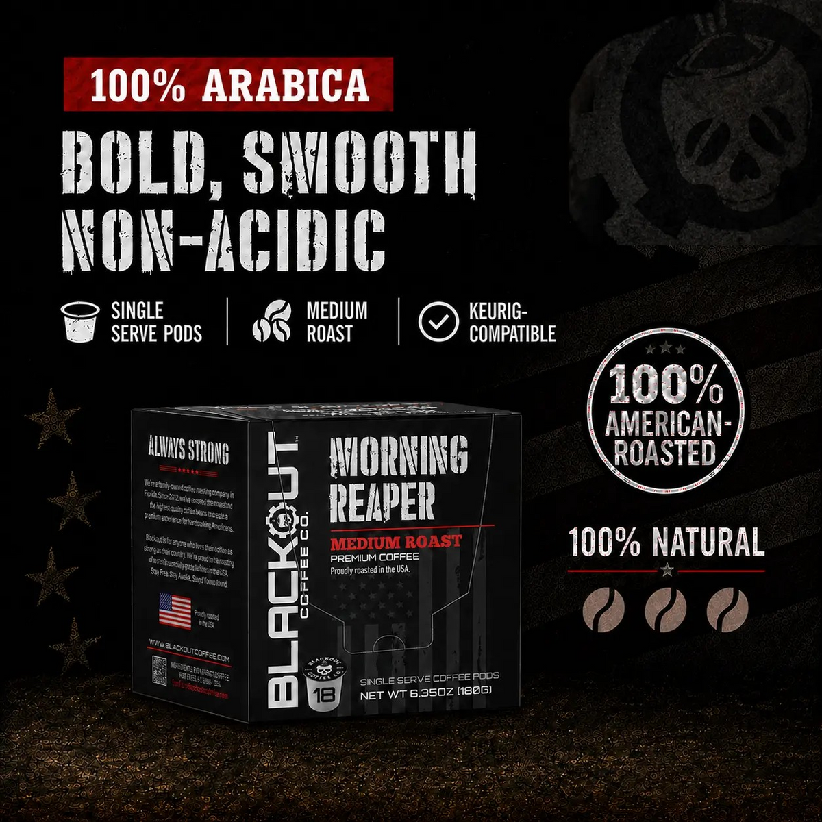 “Blackout Coffee Morning Reaper Medium Roast Coffee Pods box with smooth medium roast flavor.”