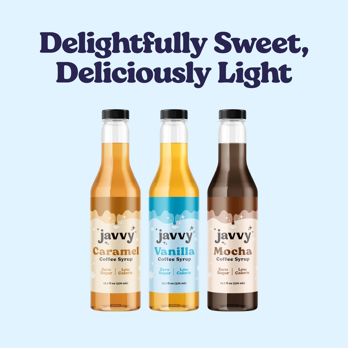 Javvy Coffee Syrup bottles in Mocha and Caramel flavors — natural flavored syrup for coffee, shakes, and cocktails