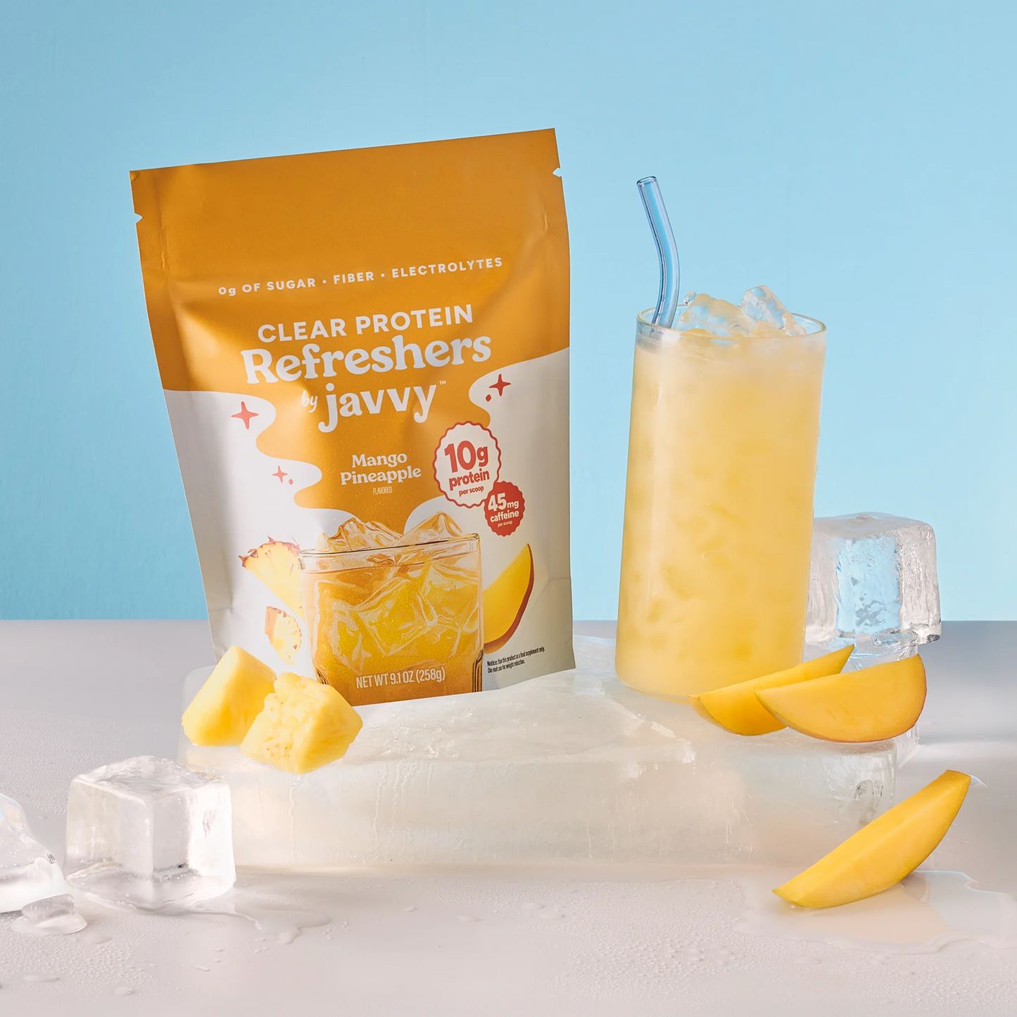 Protein Refreshers Clear Protein Drink Mix in Mango Pineapple flavor — 10g protein, collagen, electrolytes, and prebiotics per scoop, no artificial sweeteners