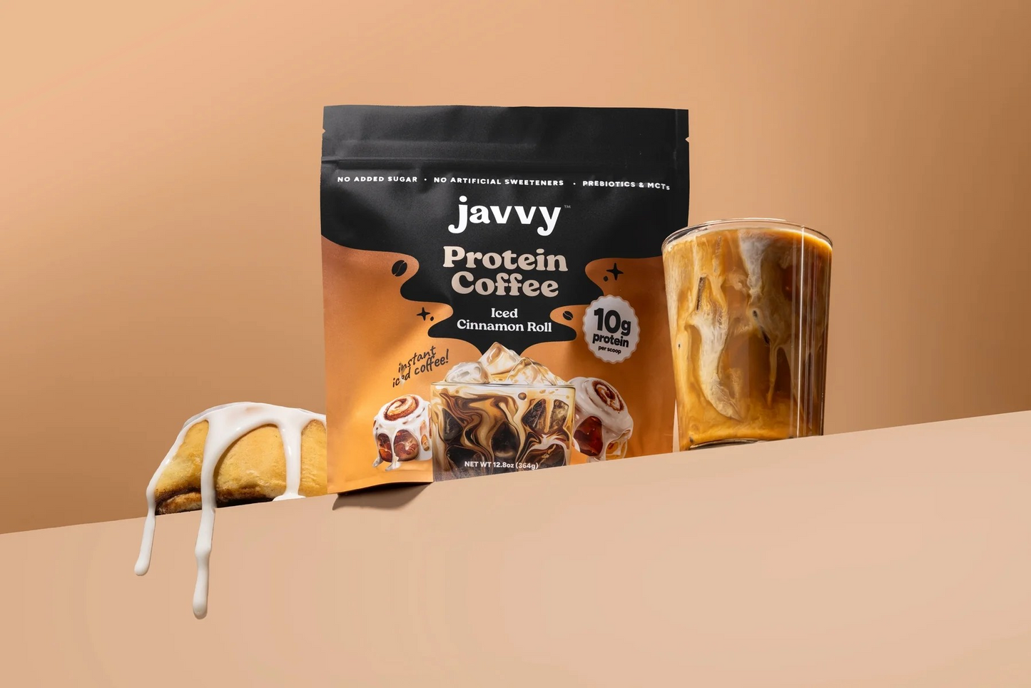 Javvy Iced Cinnamon Roll flavored protein coffee with sweet icing and premium whey protein
