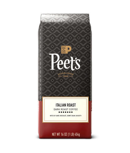 Peet’s Italian Roast Coffee bag with flavor notes dark chocolate, burnt sugar, and biscotti.