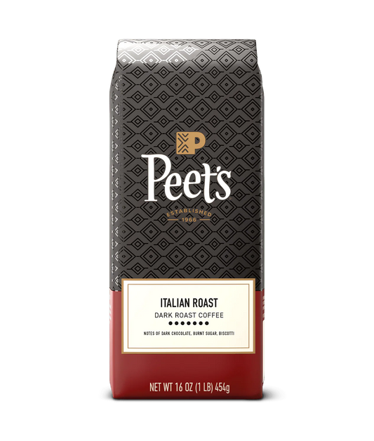 Peet’s Italian Roast Coffee bag with flavor notes dark chocolate, burnt sugar, and biscotti.
