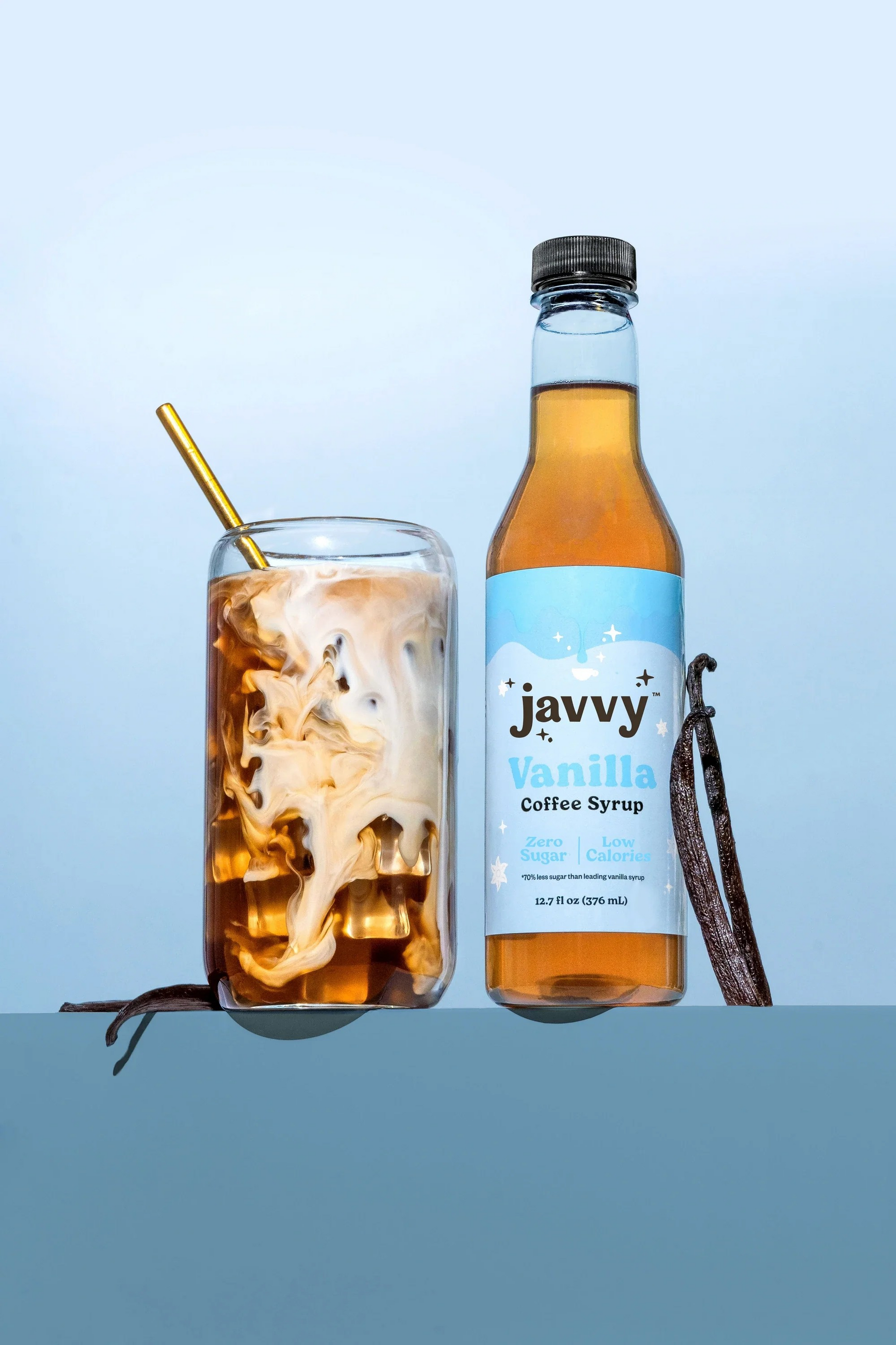 Javvy Coffee Syrup bottles in Mocha and Caramel flavors — natural flavored syrup for coffee, shakes, and cocktails