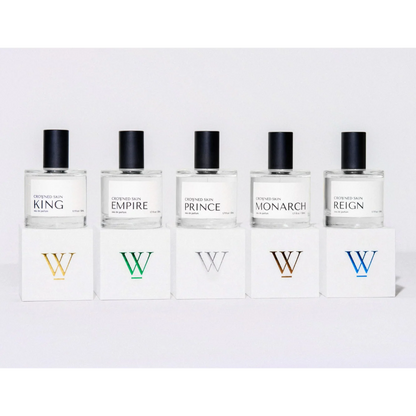 Crowned Skin King Eau de Parfum bottle displayed elegantly — a luxury men's fragrance featuring notes of Mandarin, Patchouli, Dark Vanilla, and Musk.