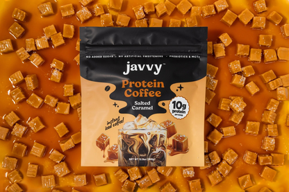 Javvy Salted Caramel flavored protein coffee with premium whey protein