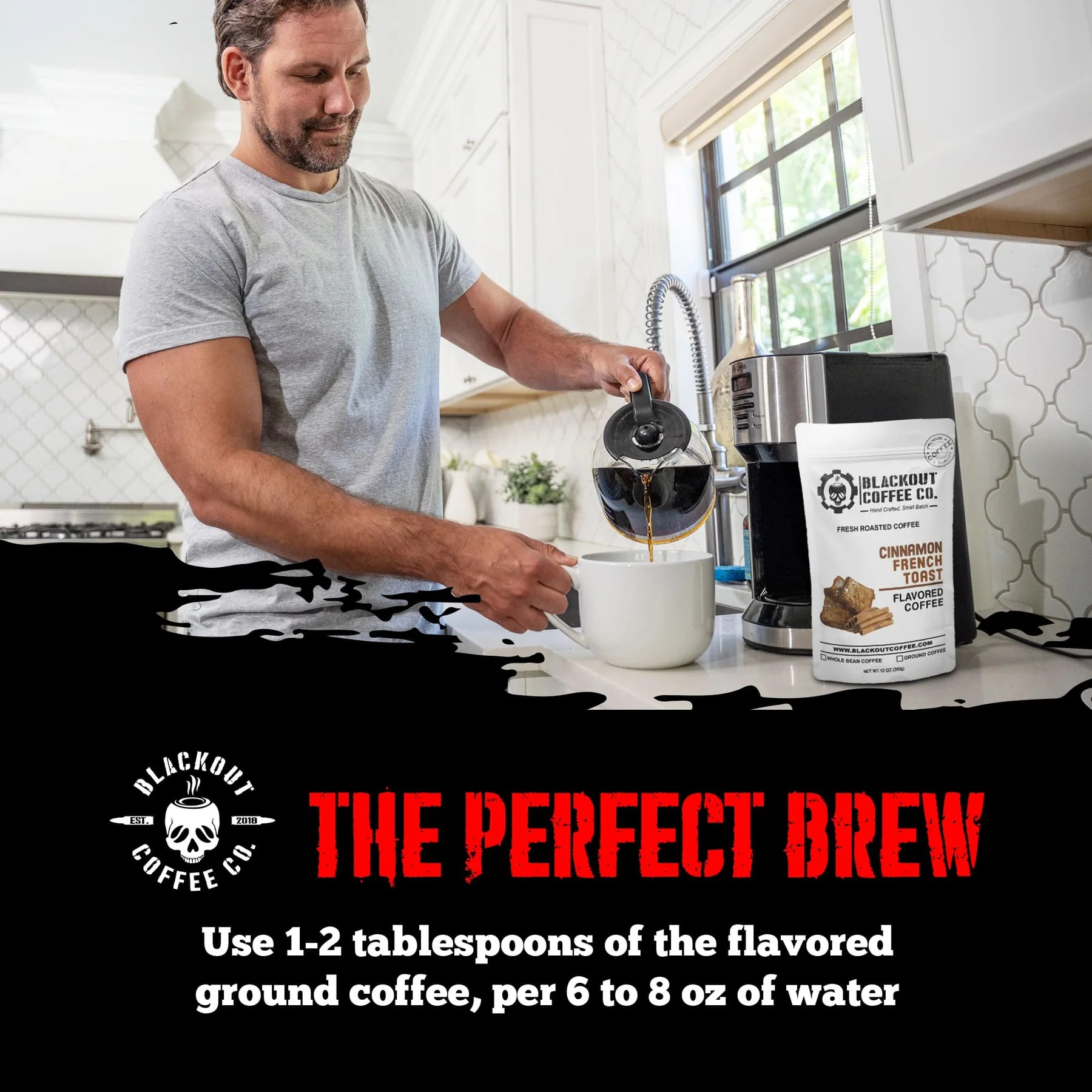 Man pouring morning coffee in a warm kitchen setting