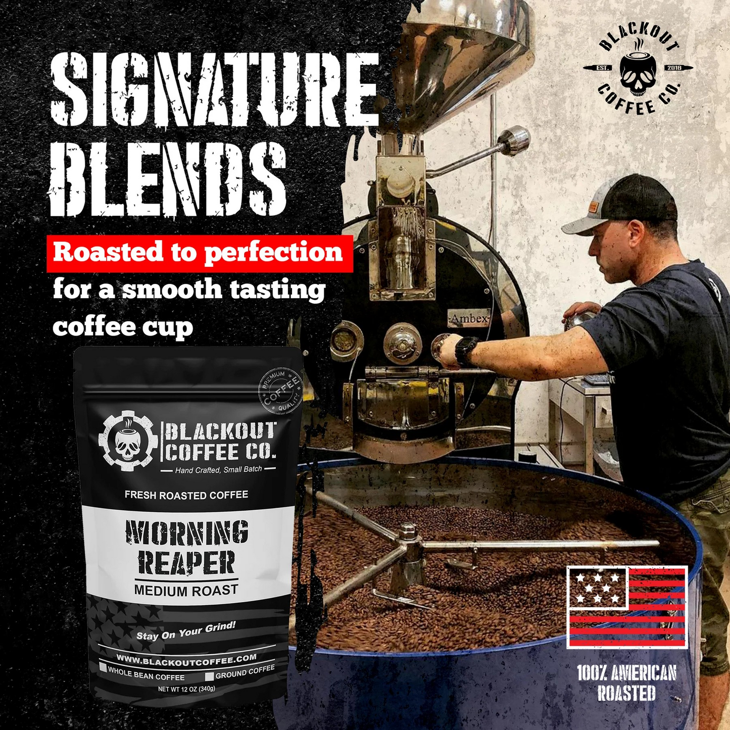 Blackout Coffee Morning Reaper 12oz coffee bag on a rugged dark surface with bold patriotic branding