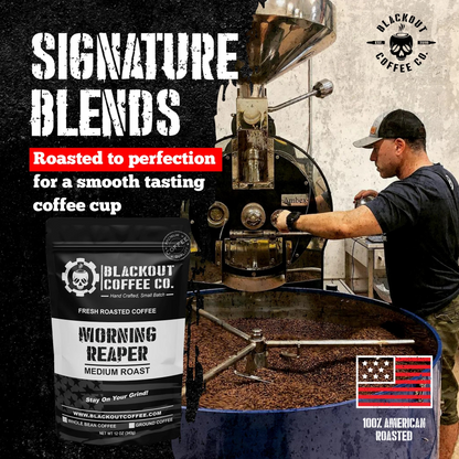 Blackout Coffee Morning Reaper 12oz coffee bag on a rugged dark surface with bold patriotic branding