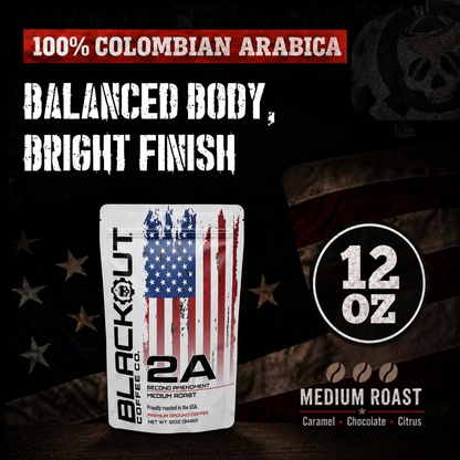 Blackout Coffee 2A Medium Roast 12 oz bag of smooth full-bodied American small-batch roasted coffee supporting 2nd Amendment rights