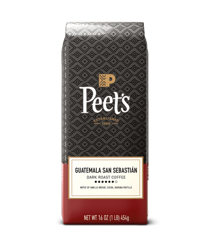Peet’s Guatemala San Sebastián Dark Roast Coffee bag with flavor notes vanilla orchid, cocoa, and guayaba pastille.