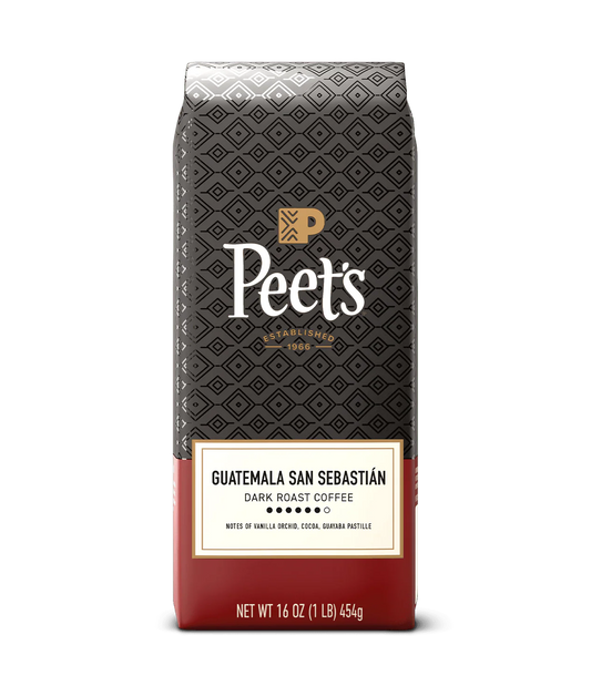 Peet’s Guatemala San Sebastián Dark Roast Coffee bag with flavor notes vanilla orchid, cocoa, and guayaba pastille.