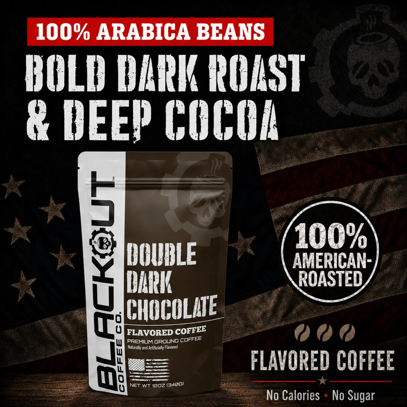Blackout Coffee Double Dark Chocolate flavored coffee bag with deep cocoa and dark roast notes