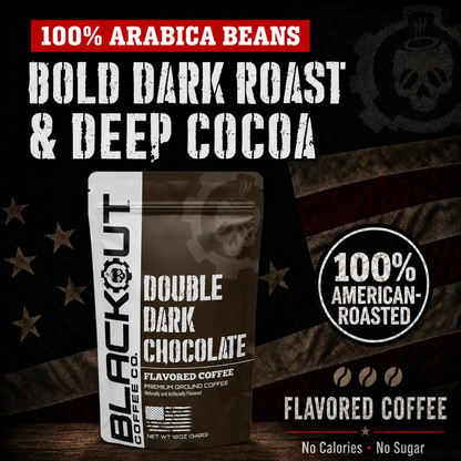 Blackout Coffee Double Dark Chocolate flavored coffee bag with deep cocoa and dark roast notes