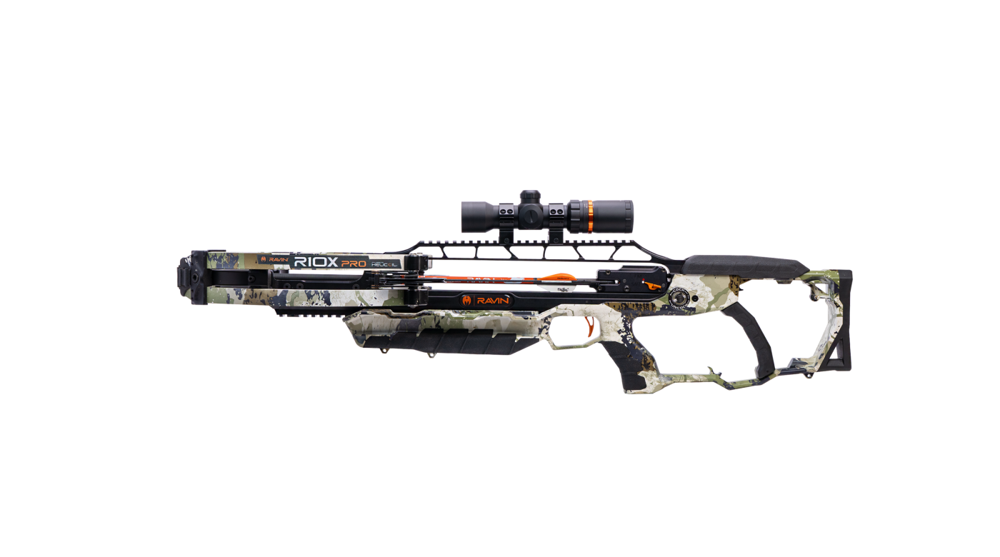 Ravin R10X Pro crossbow with ambidextrous stock and full-length scope rail displayed in outdoor hunting setting