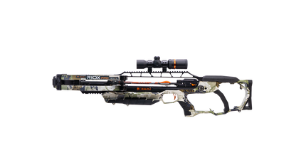Ravin R10X Pro crossbow with ambidextrous stock and full-length scope rail displayed in outdoor hunting setting