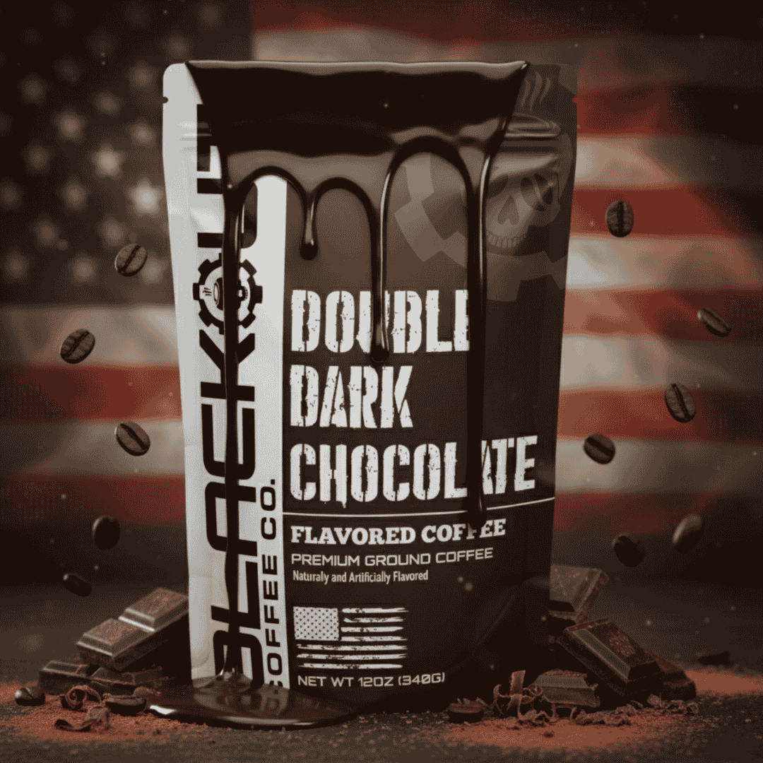 Blackout Coffee Double Dark Chocolate flavored coffee bag with deep cocoa and dark roast notes