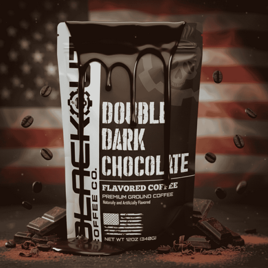 Blackout Coffee Double Dark Chocolate flavored coffee bag with deep cocoa and dark roast notes
