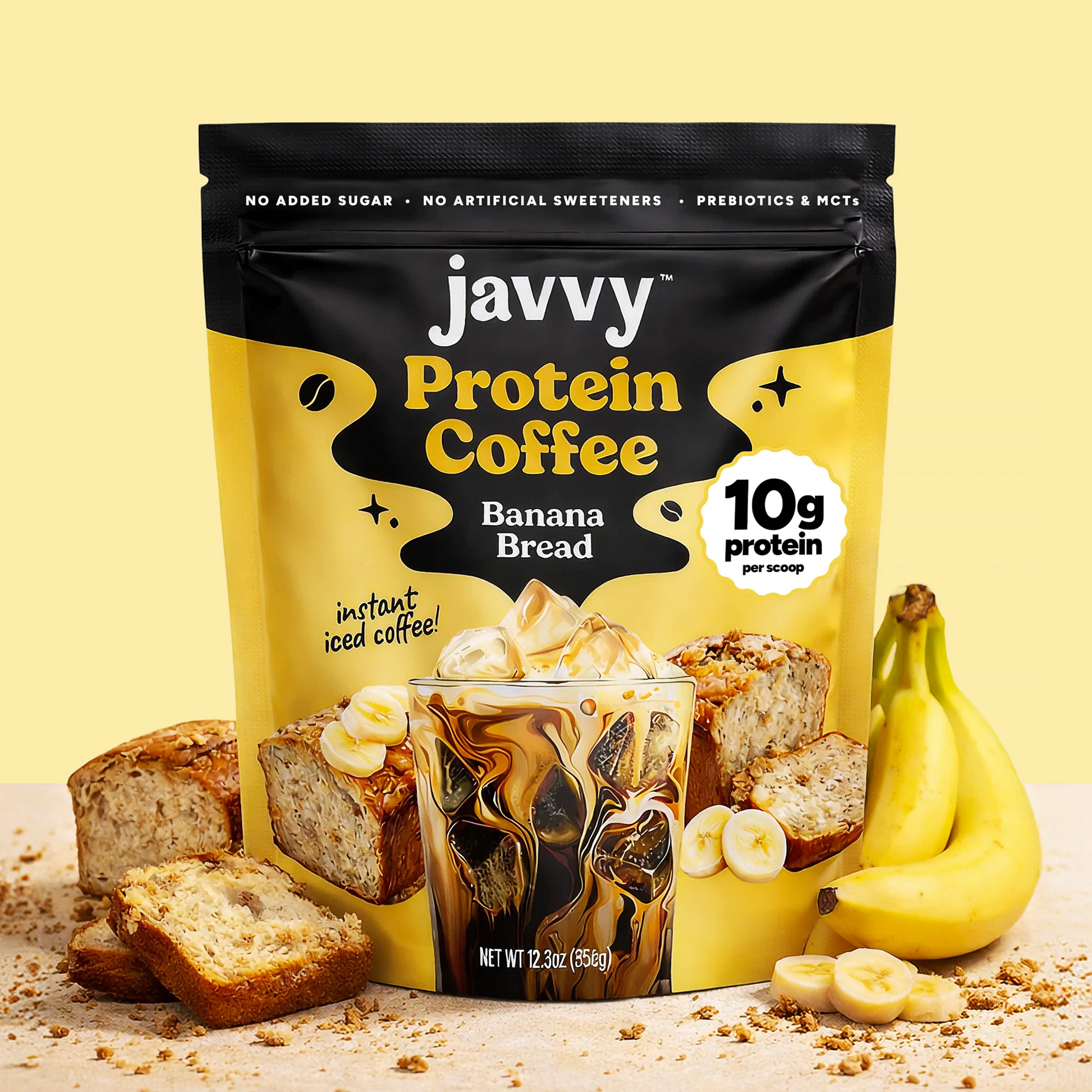 Javvy Banana Bread flavored protein coffee with premium whey protein