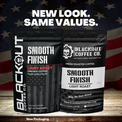 Blackout Coffee Smooth Finish Light Roast 12oz bag — 100% Arabica, bright origin flavor from Central and South America, small-batch roasted in the USA