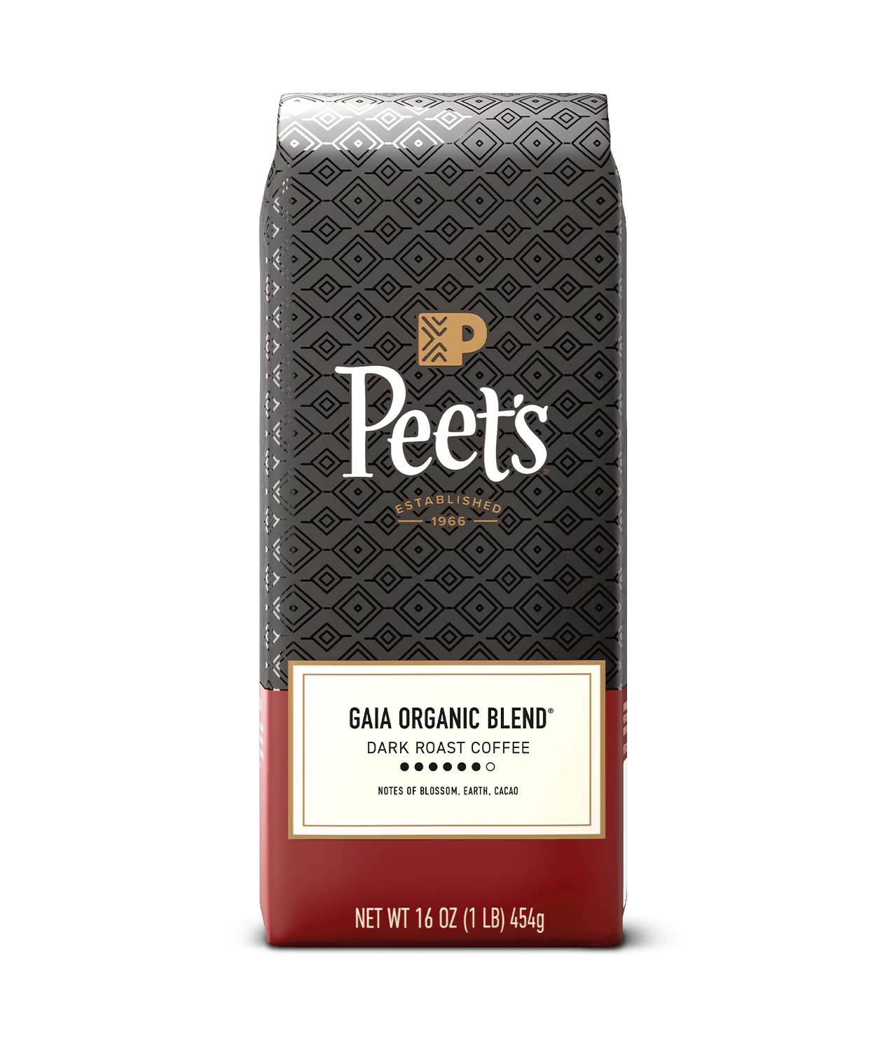 Peet’s Gaia Organic Blend Coffee bag with flavor notes blossom, earth, and cacao.