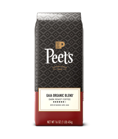 Peet’s Gaia Organic Blend Coffee bag with flavor notes blossom, earth, and cacao.