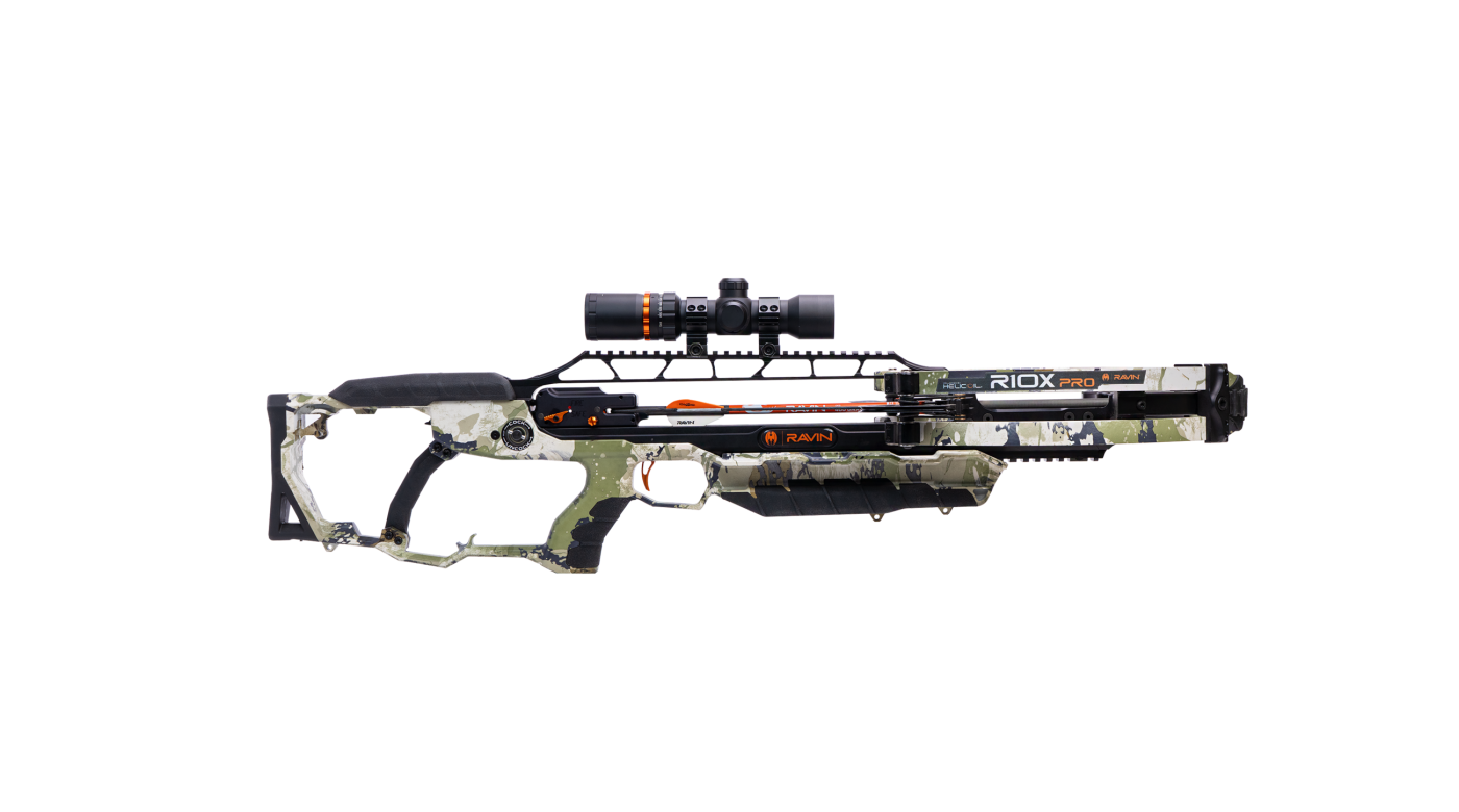 Ravin R10X Pro crossbow with ambidextrous stock and full-length scope rail displayed in outdoor hunting setting