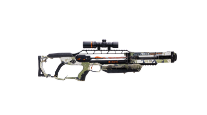 Ravin R10X Pro crossbow with ambidextrous stock and full-length scope rail displayed in outdoor hunting setting