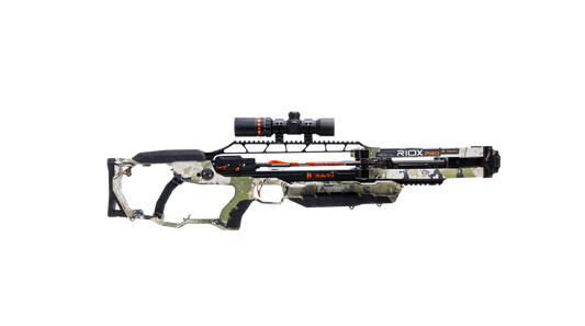 Ravin R10X Pro crossbow with ambidextrous stock and full-length scope rail displayed in outdoor hunting setting
