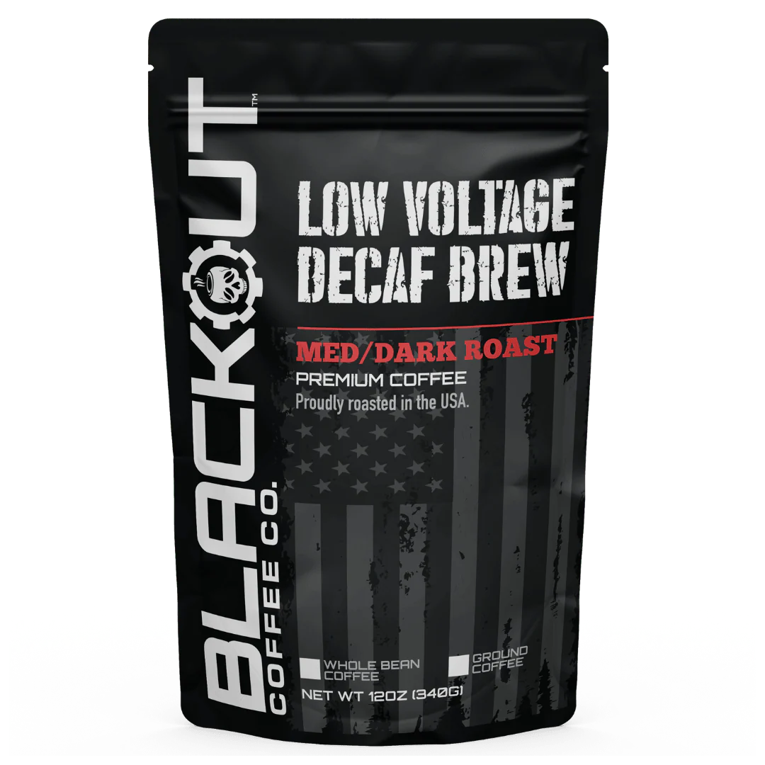 Blackout Coffee Low Voltage Decaf 12oz bag — full-bodied medium-dark roast, 100% Arabica, decaffeinated, small-batch roasted in the USA