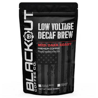 Blackout Coffee Low Voltage Decaf 12oz bag — full-bodied medium-dark roast, 100% Arabica, decaffeinated, small-batch roasted in the USA