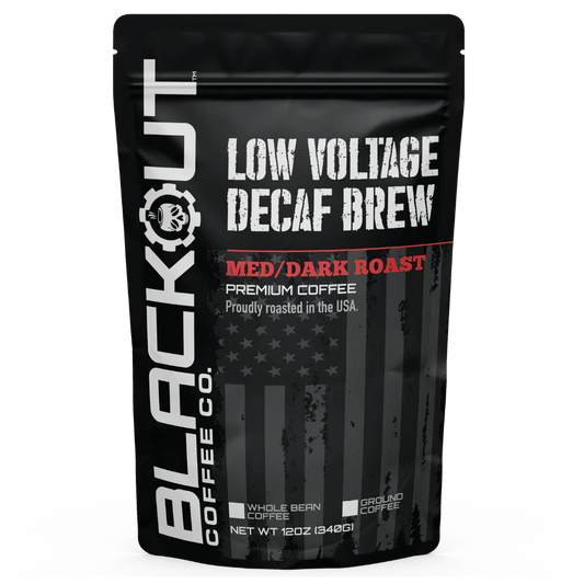 Blackout Coffee Low Voltage Decaf 12oz bag — full-bodied medium-dark roast, 100% Arabica, decaffeinated, small-batch roasted in the USA